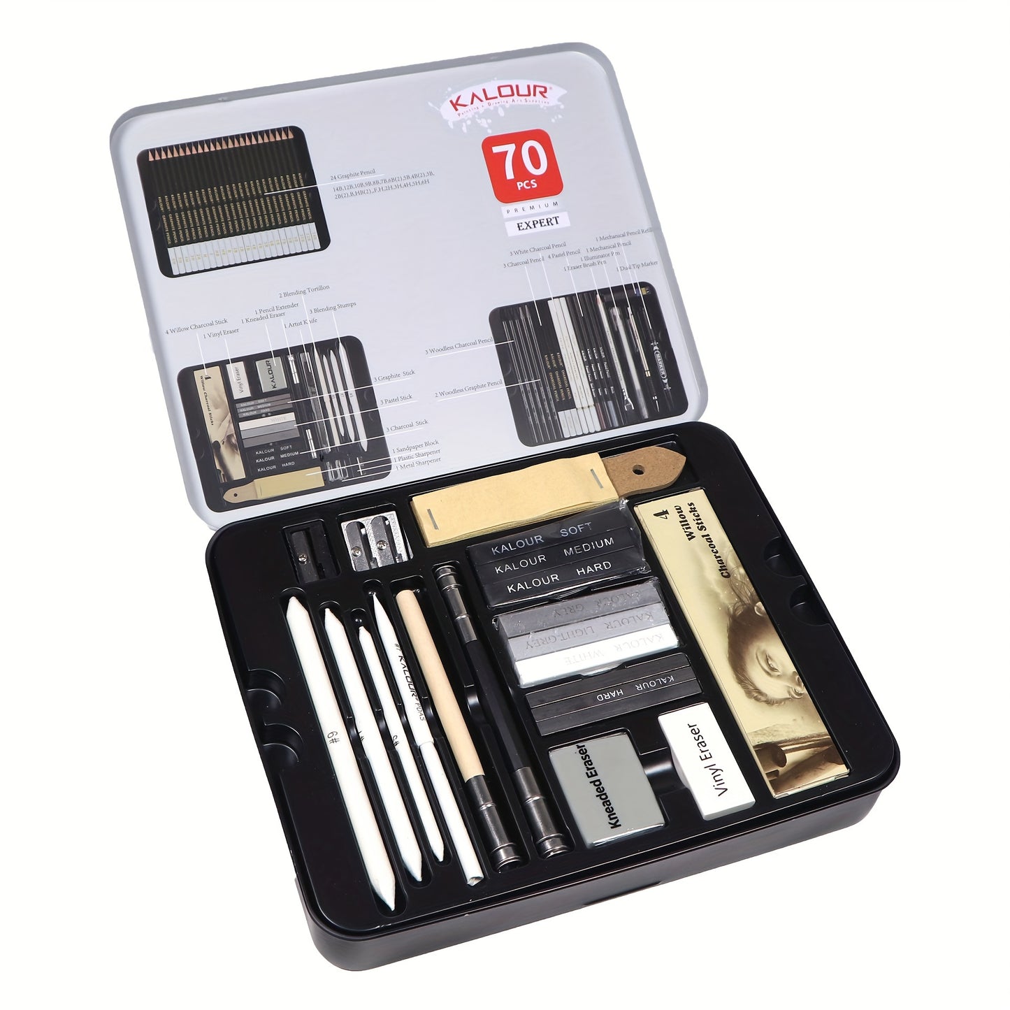 KALOUR 70pcs Luxury Iron Box Sketch Drawing Set for Outdoor Art and Writing.