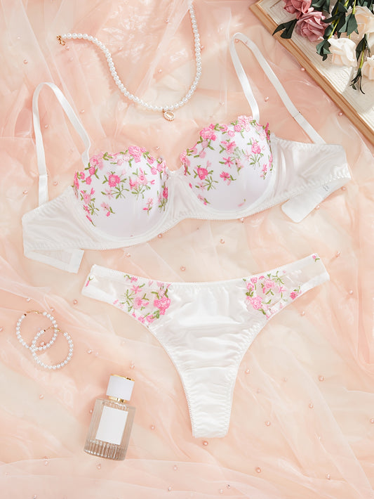 Floral Embroidered Push Up Bra and Panty Set - Women's Lingerie