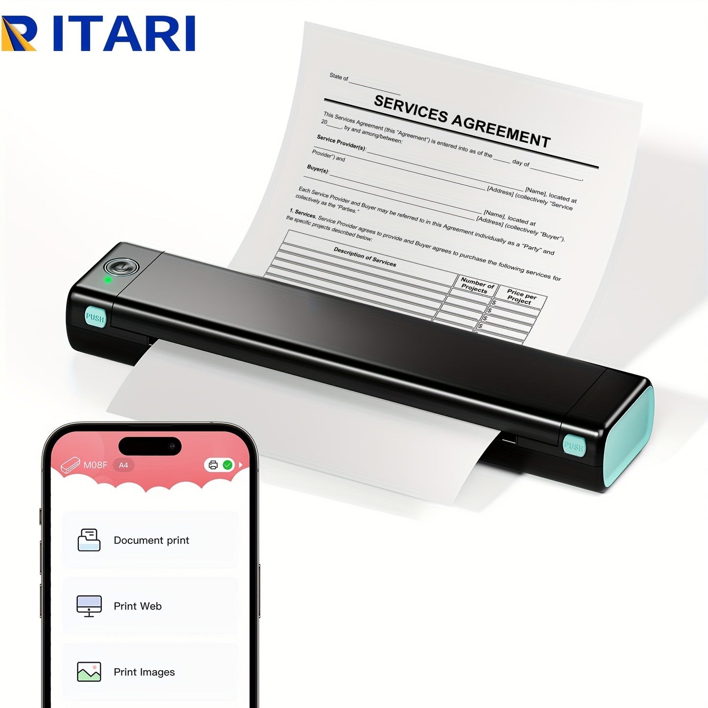 Itari M08F Portable Wireless Printer for Android, IOS & Laptop, 8.5'' X 11'' US Letter Size, Compact & Portable for Travel, Home, School, Office.