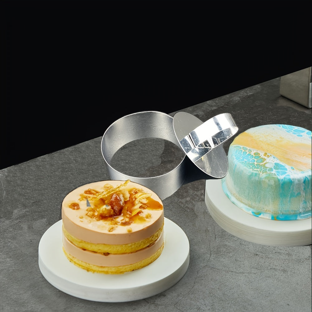 Round Cake Mold Set includes 2, 4, or 8 pieces made of stainless steel. Perfect for creating mousse cakes with an 8.0 cm diameter cake ring.