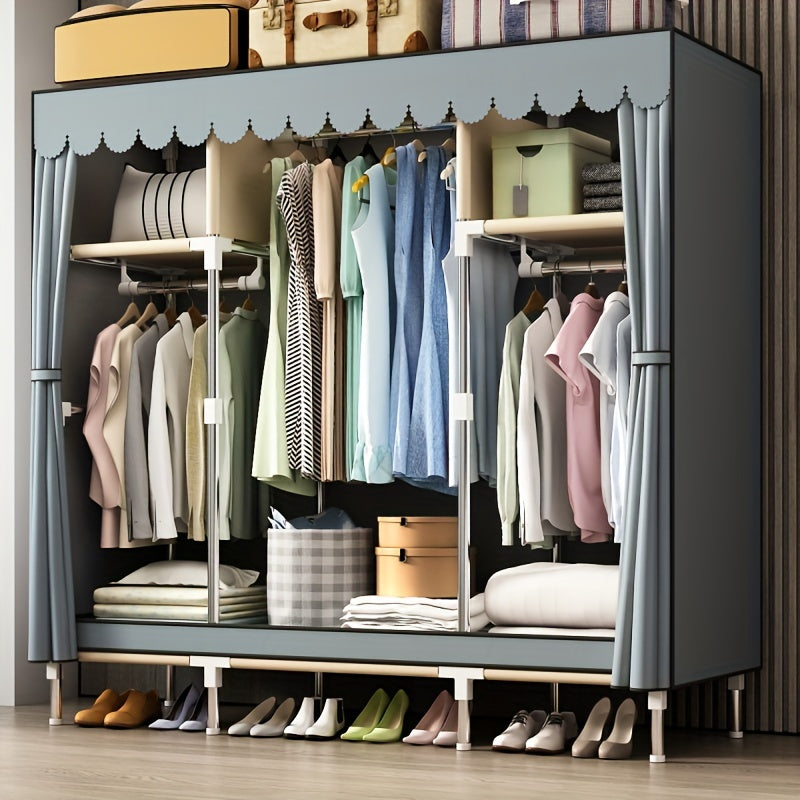 The Simple Clothes Storage Wardrobe features a drawer and dust-proof curtain, making it a convenient and efficient storage solution for your bedroom or entryway. This steel tube wardrobe is easy to assemble and offers a large capacity for organizing your