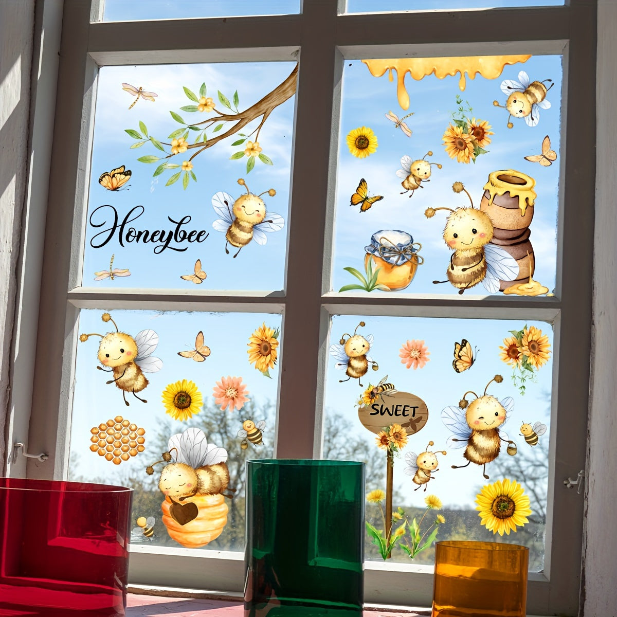 A collection of 3 pieces of 20x30cm Spring-themed decorations featuring bees, honey jars, butterflies, sunflowers, and electrostatic window stickers.