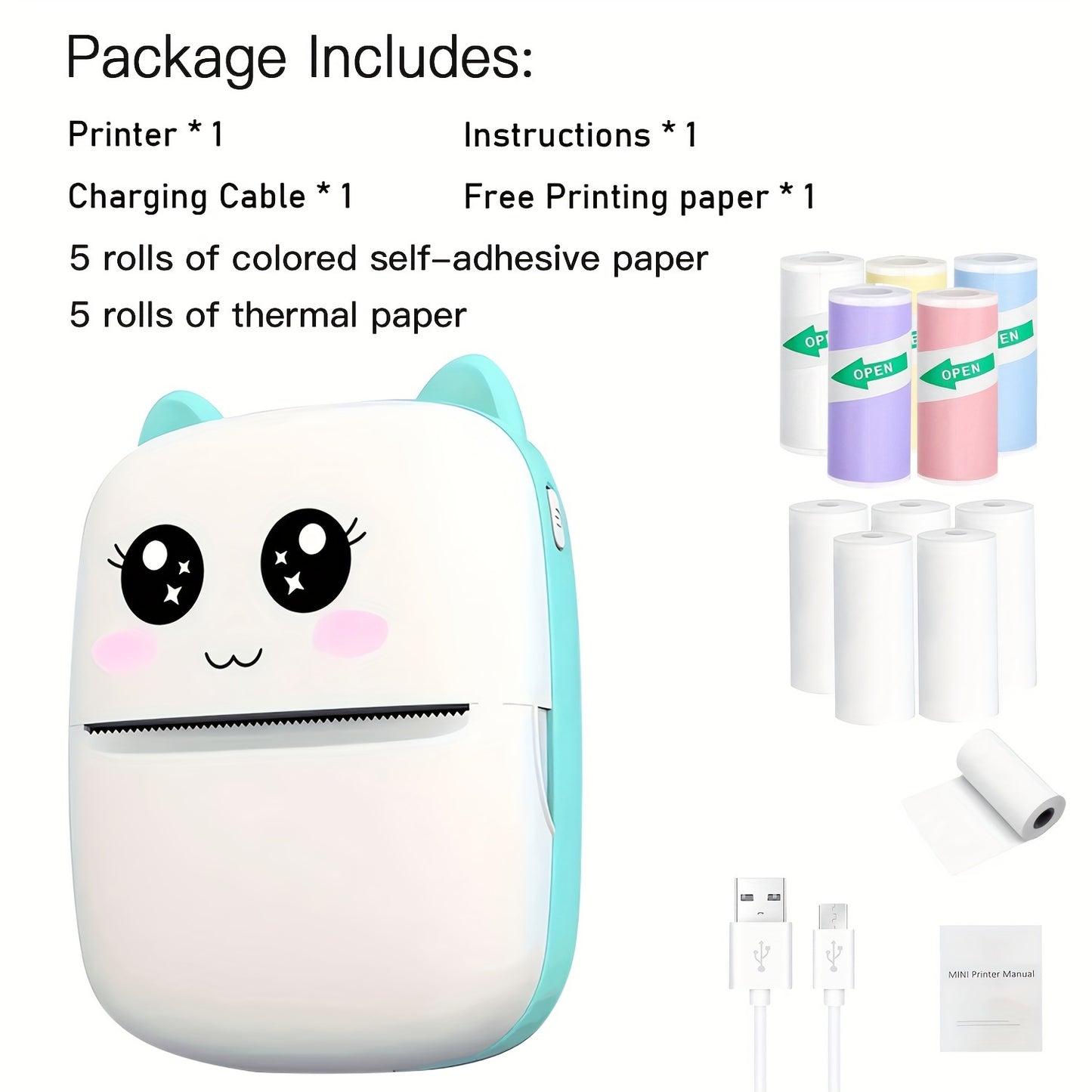 Portable Mini Pocket Thermal Printer with 10 rolls of paper, compatible with iOS and Android. Ideal for notes, receipts, labels. Features USB charging, wireless connection. Suitable for