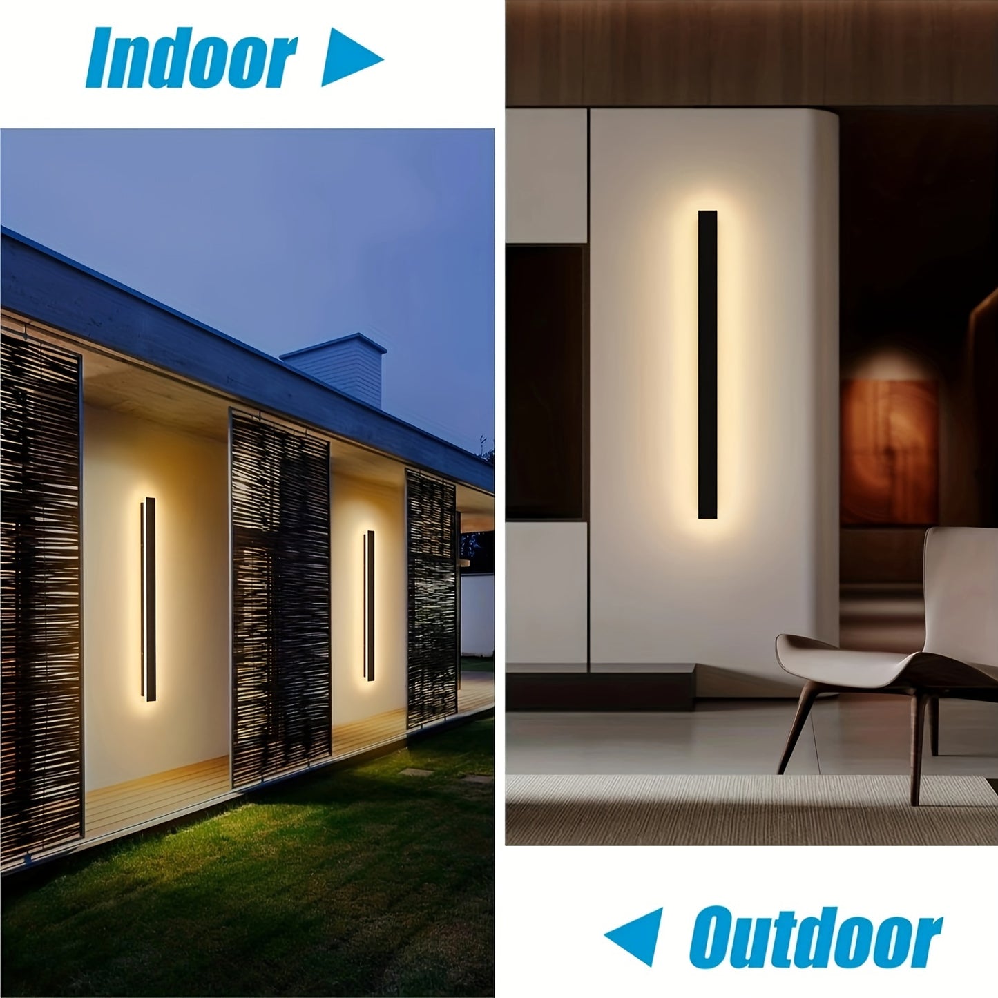 Modern indoor/outdoor 20W LED wall light in warm light, 100.0 cm long, black, suitable for living rooms, porches, garage doors, and yards.