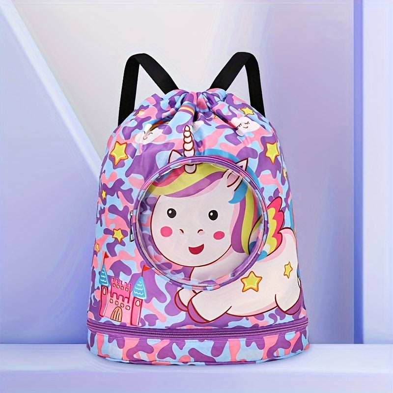 Purple swim bag with dry/wet separation, stylish cartoon design, ideal for sports and travel.