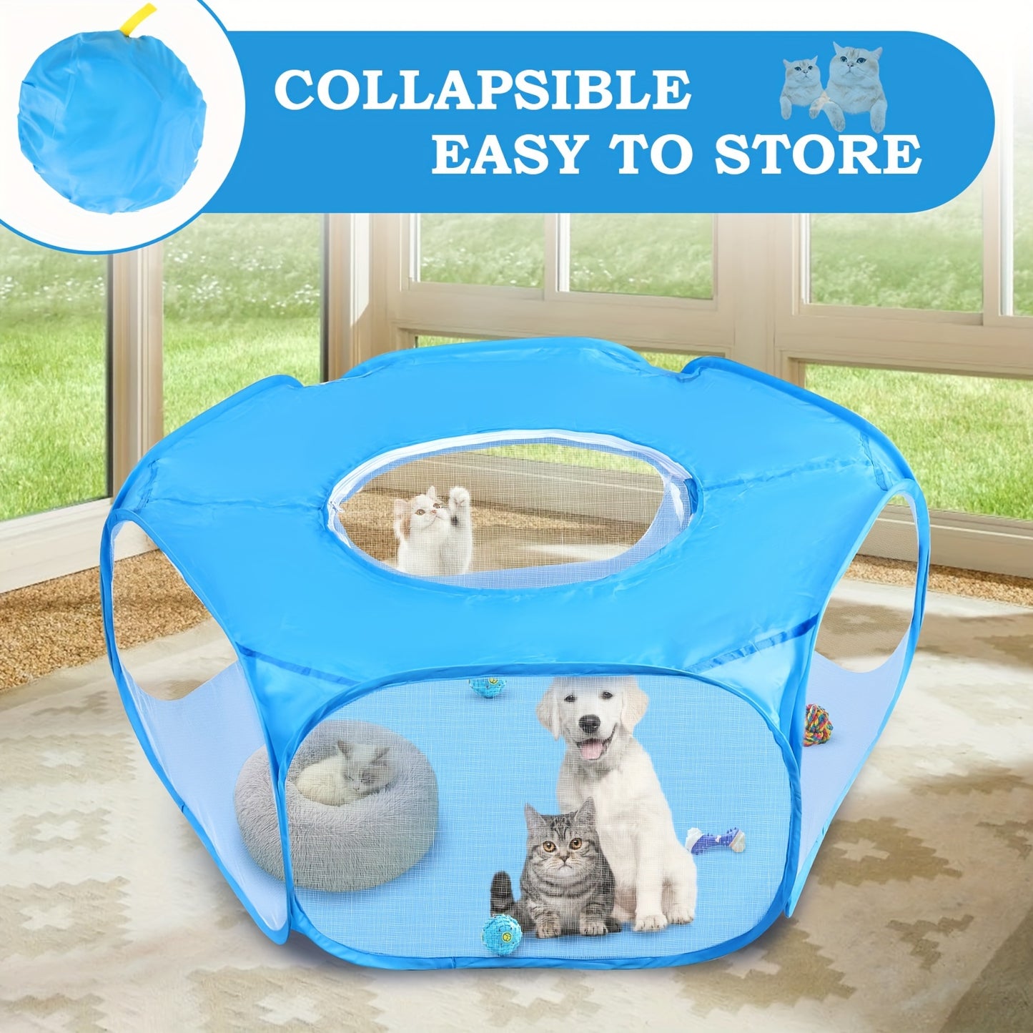 Small animal playpen with top cover, foldable and breathable, portable outdoor sports fence for small pets.