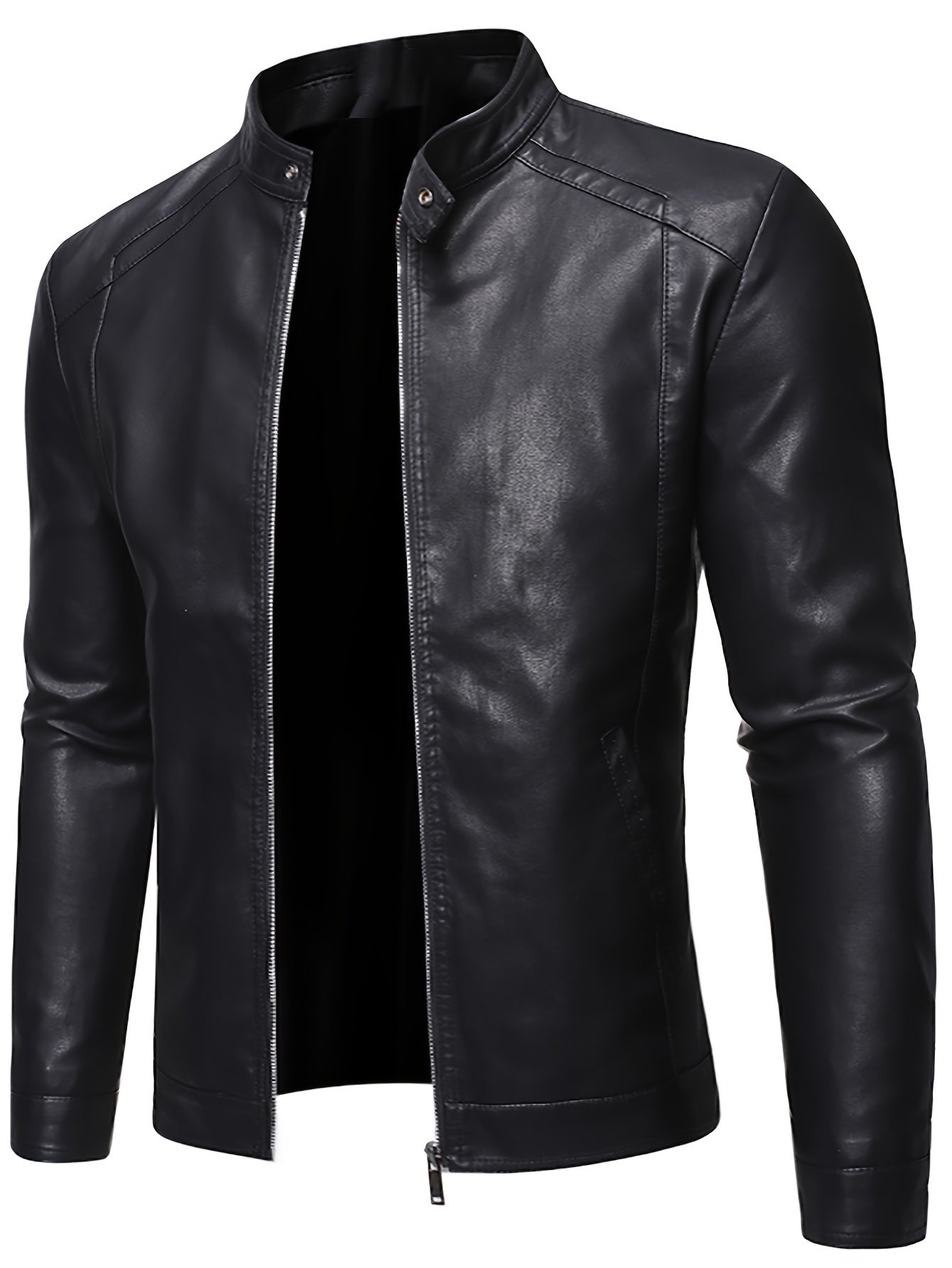 PU Leather Jacket for Men with Stand Collar and Zippered Pockets, Motorcycle Style