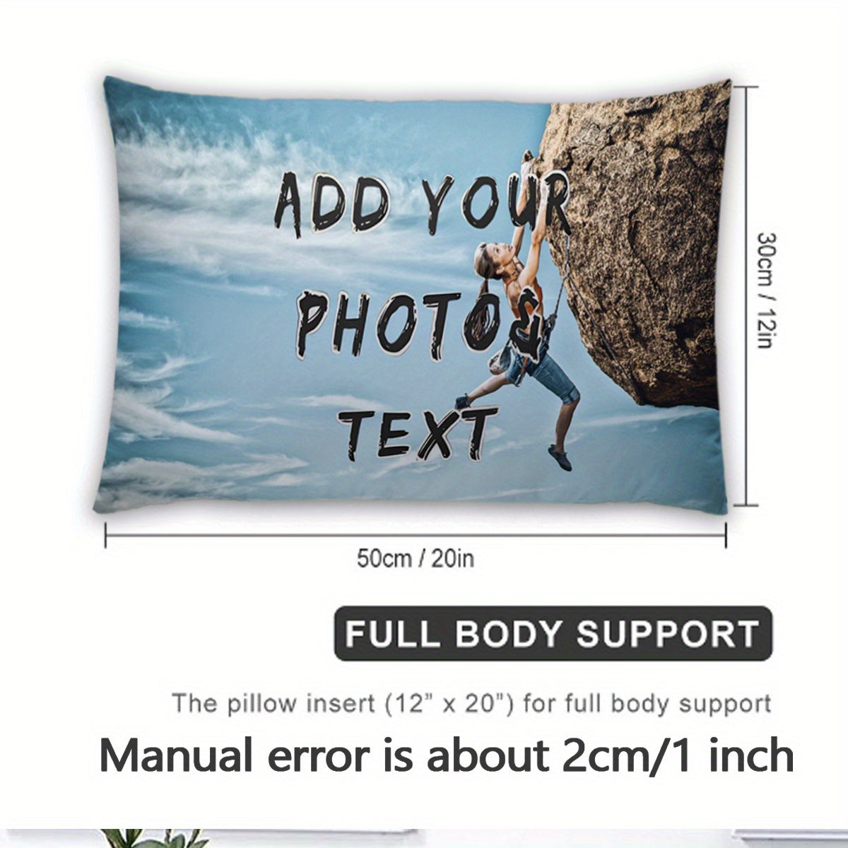 Personalized Photo Pillowcase measuring 30.48x50.8 cm, with Double-Sided Printing, made from Short Plush material featuring a Rock Climbing Enthusiast Design. This pillowcase is made from Polyester in Mixed Colors, making it an ideal gift for Valentine's