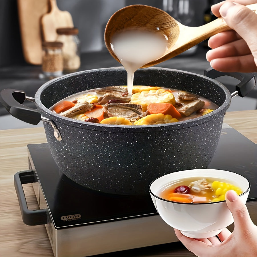 Get ready to elevate your cooking game with the Maifan Stone Non-Stick Soup Pot. This large capacity pot is perfect for stewing and cooking, and can also double as a skillet. Made from durable cast iron, it features a convenient handle for easy