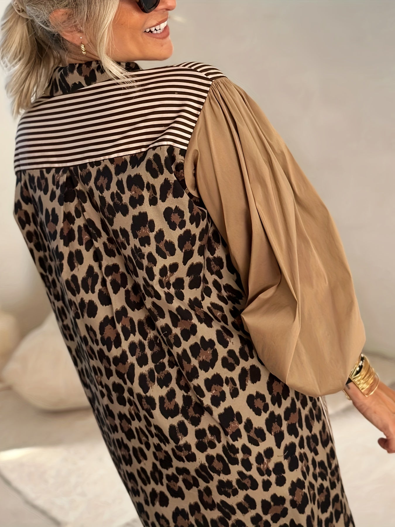 Chic leopard print and striped maxi dress for women with cat ear design, long sleeve, button front, lightweight polyester, machine washable.