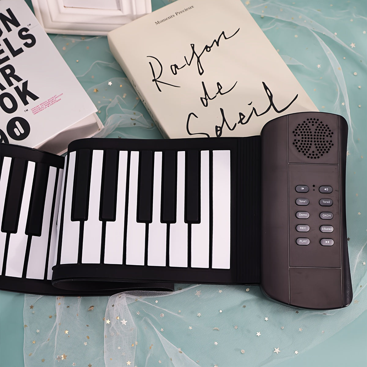 Micro Poly 49-Key Portable Roll-Up Piano Keyboard with Silicone Keys in Black. USB & Battery Powered, Ideal for Beginners. Compact and Easy to Carry Design, Perfect for Home Use. Includes