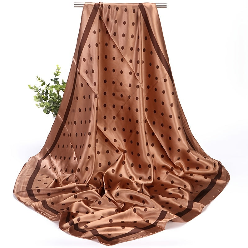 Lightweight silk faux scarf with fashion satin polka dot print, measures 88.9cm square.