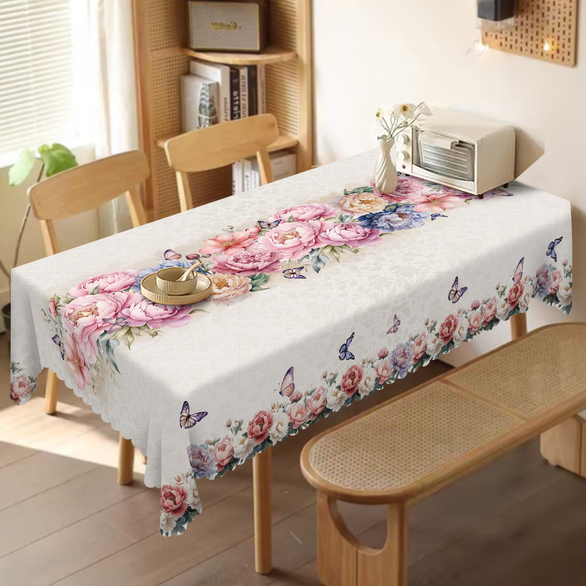 Rectangular polyester tablecloth with spring floral peony and butterfly rose design, machine-woven for indoor/outdoor parties and home decor. Perfect Easter spring decor gift.