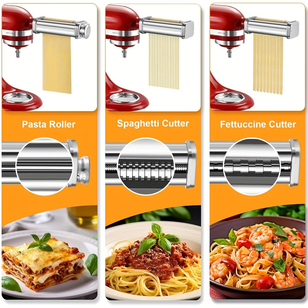 Stainless Steel Pasta Maker Attachment Set for KitchenAid Stand Mixers - Includes Noodle Roller, Spaghetti & Fettuccine Cutters (Set of 3, Machine Not Included)