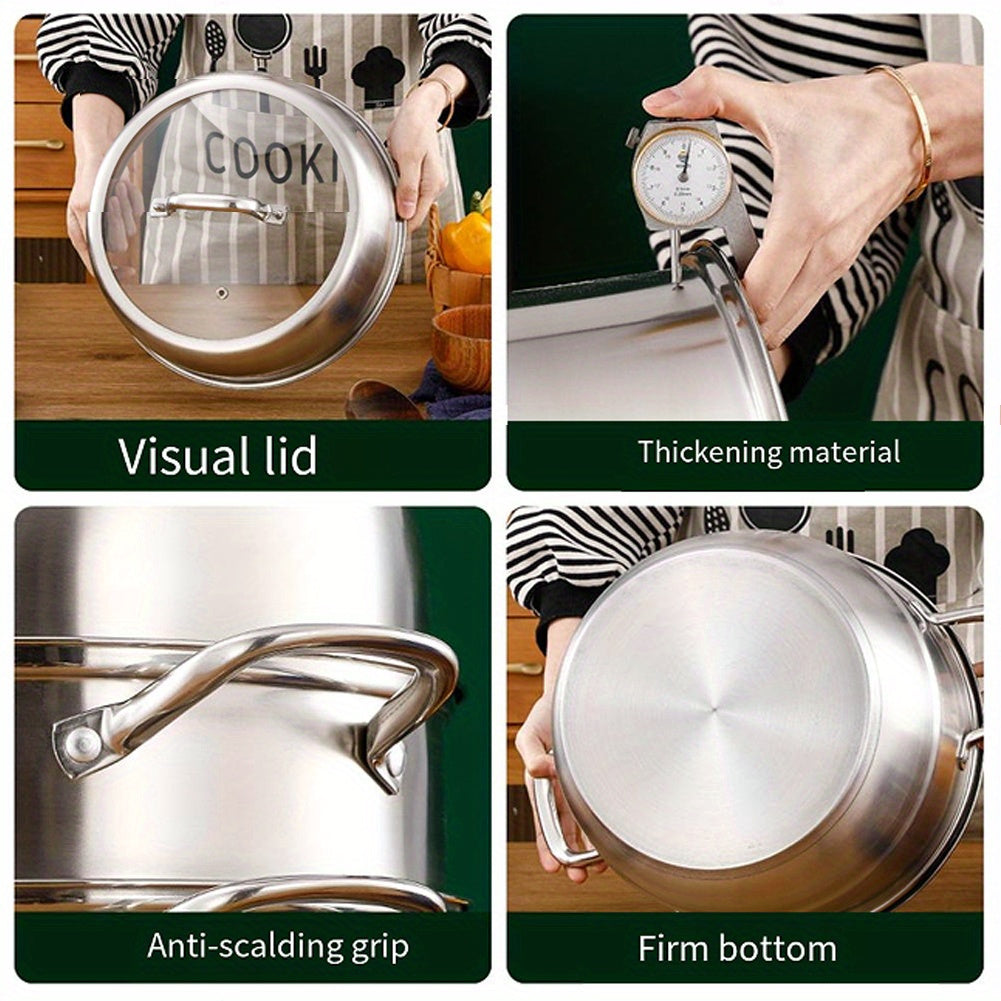 Three-tiered stainless steel steamer pot with a tempered glass lid, measuring 27.94cm in size. Features a thick bottom for cooking vegetables, dumplings, and other dishes in a healthy manner.