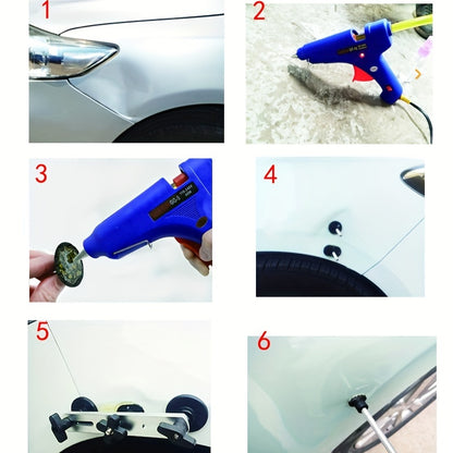 Car dent removal kit with paintless dent repair tools, including a suction cup dent puller tool.