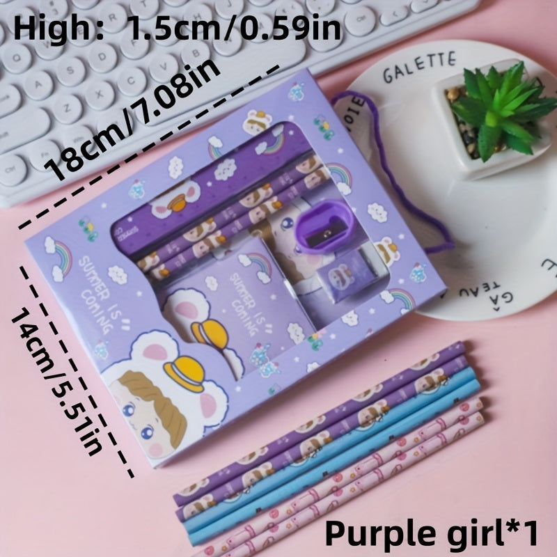 A set of six cartoon handheld stationery pieces in one bag, including two pencils, a ruler, an eraser, a pencil sharpener, a small notebook, and four color options. Perfect for students as