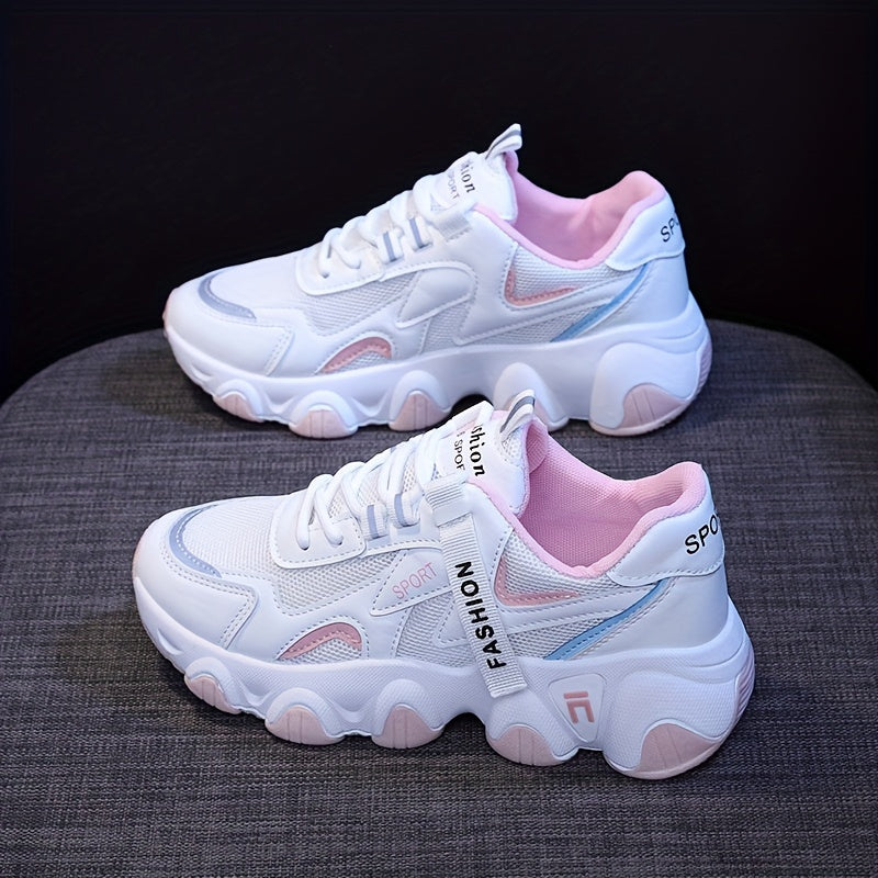 White & Purple Women's Athletic Sneakers with Breathable Mesh, Thick Sole, and Sporty Design