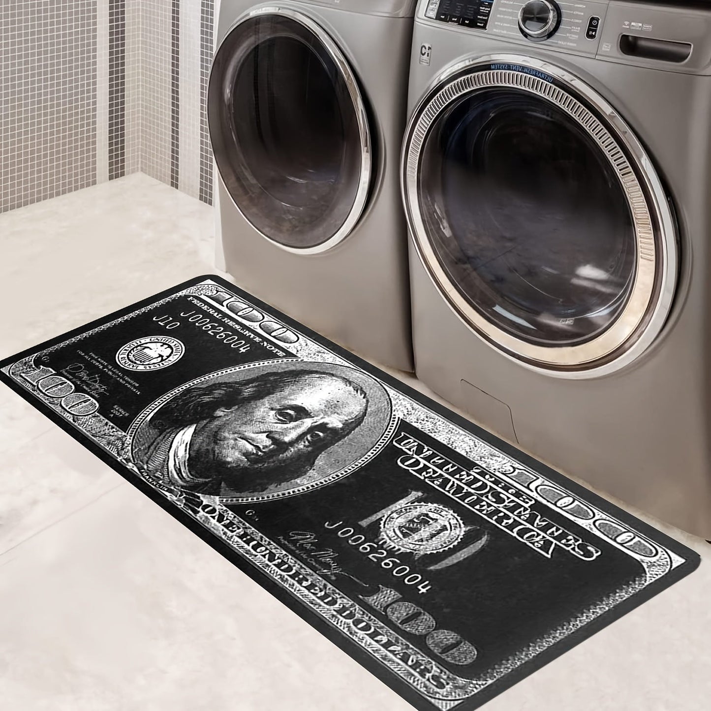 Indulgent Black Dollar Design Rug - Luxuriously Soft and Thick Flannel with Anti-Slip Backing, Easy to Clean in the Washing Machine - Ideal for Laundry Room, Hallway, Kitchen, and Living Room Decor, 500 Grams Per Square Meter for Comfort and Durability