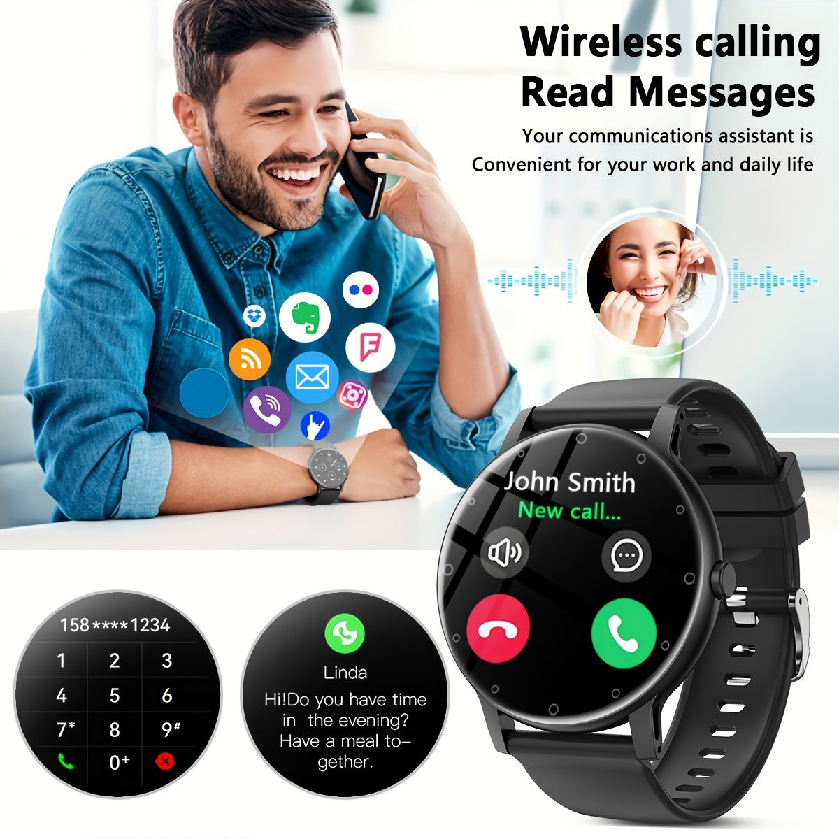 Hailiases Vintage Style Smartwatch is equipped with a Full Touchscreen for easy navigation. It features a Sleep Tracker, Wireless Calling, Pedometer, Music Control, 100+ Exercise Modes, AI Control, and Games. This Fitness Band is compatible with both