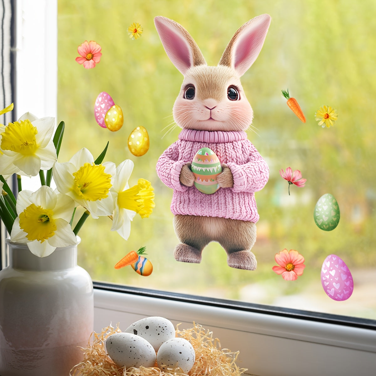 Decorate your home for spring with this adorable Easter Bunny holding egg dual-sided electrostatic window decal. This cute rabbit design features a carrot and flowers, making it the perfect addition to your Easter decor. Made from reusable PVC material