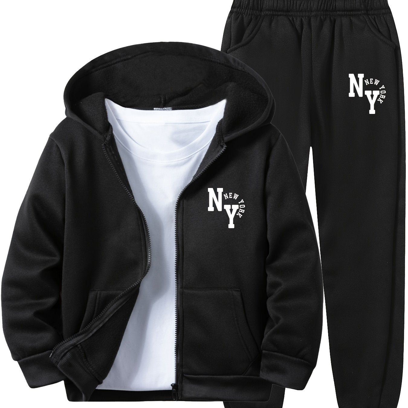 Boys' hoodie set with New York letter print, kangaroo pockets, zip-up sports jacket, pants, regular fit, for fall/winter outdoor activities.