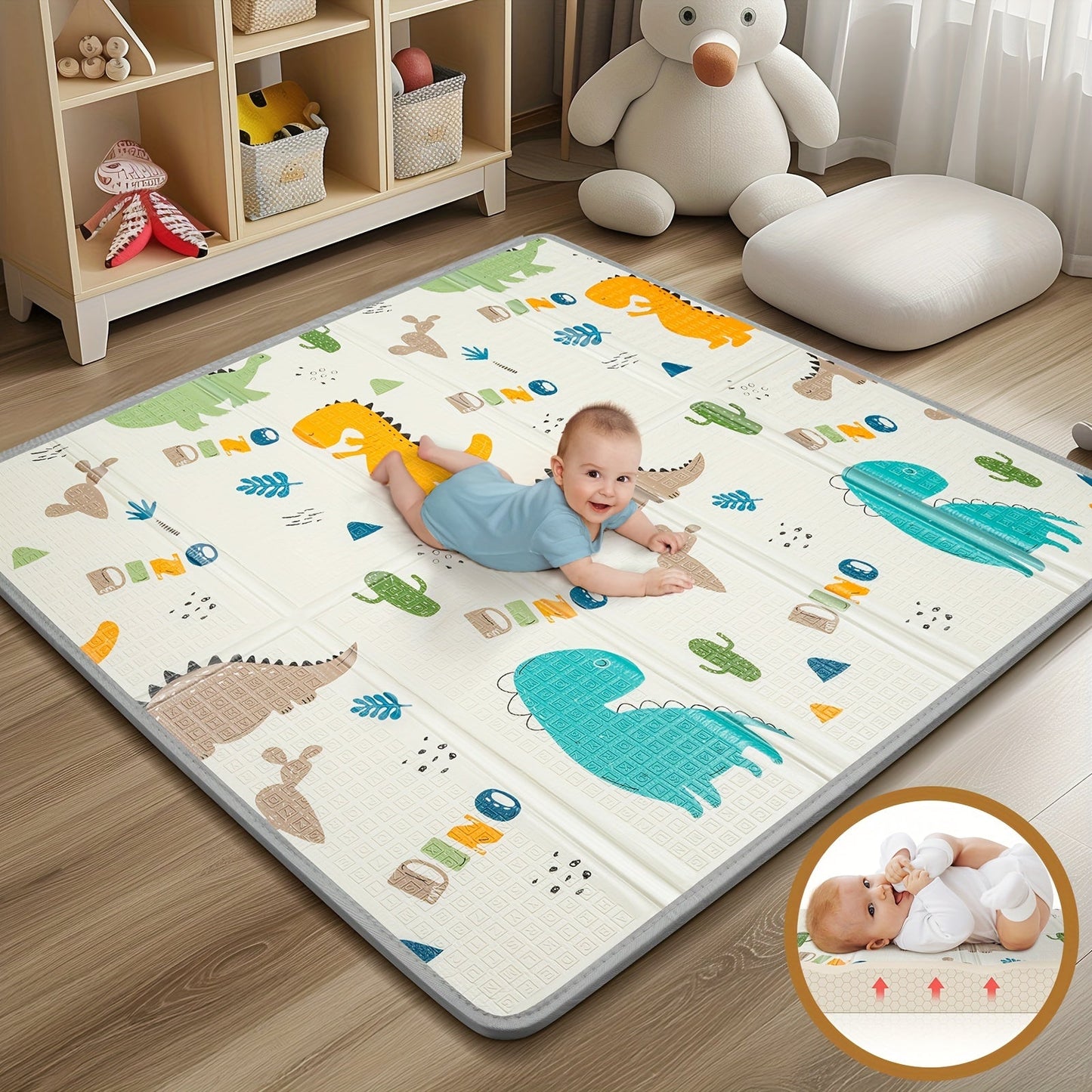 Play Mat with Dinosaur and Alphabet Patterns, Reversible and Foldable, 127.0x127.0 cm, 1.52 cm Thick, Waterproof PE Surface, Non-Slip, Portable Floor Mat for Indoor Play Yard, Perfect Gift for Christmas and Thanksgiving