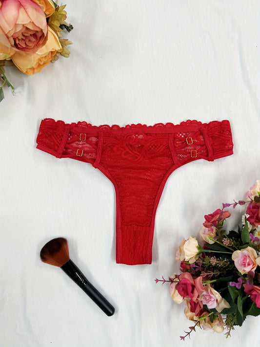 Red lace thong panties for women with floral pattern and scalloped trim. Made of breathable polyester blend that is semi-sheer and hand washable.