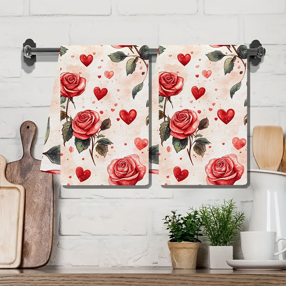 This set includes 2 ultra-soft kitchen towels with a delicate design of roses and hearts, perfect for Valentine's Day. These highly absorbent dish towels are ideal for holiday decoration, machine washable, and measure 40.64x60.96 cm.