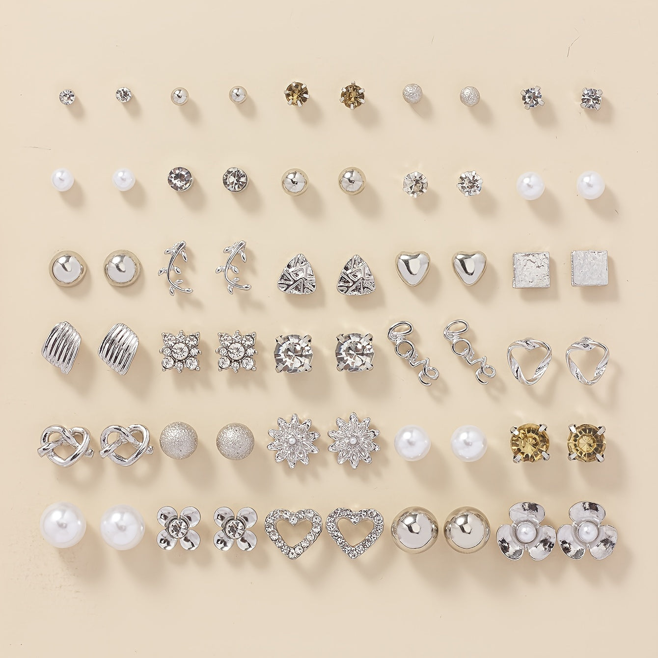 Set of 30 pairs of stud earrings, featuring a combination of alloy material, full rhinestones, faux pearls, and round love letters.