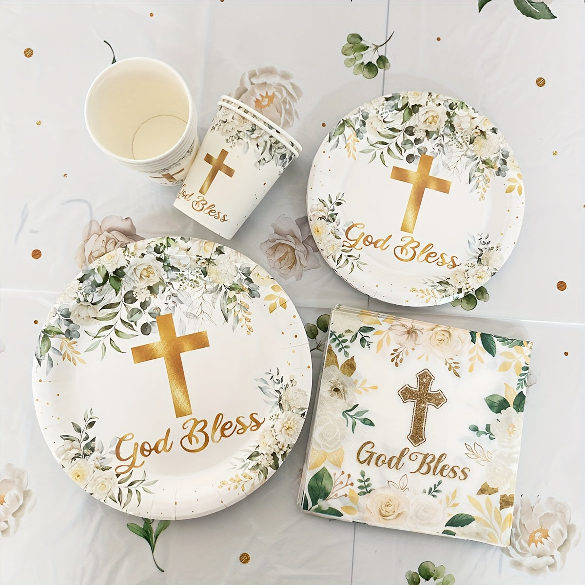 White Baptism Watercolor Leaf Theme Disposable Tableware Set - Includes 20 Pieces: 10 Paper Plates, 10 Paper Towels, 10 Paper Cups, and 1 Tablecloth - Perfect for Baptism Party Decor and Home Room Decor