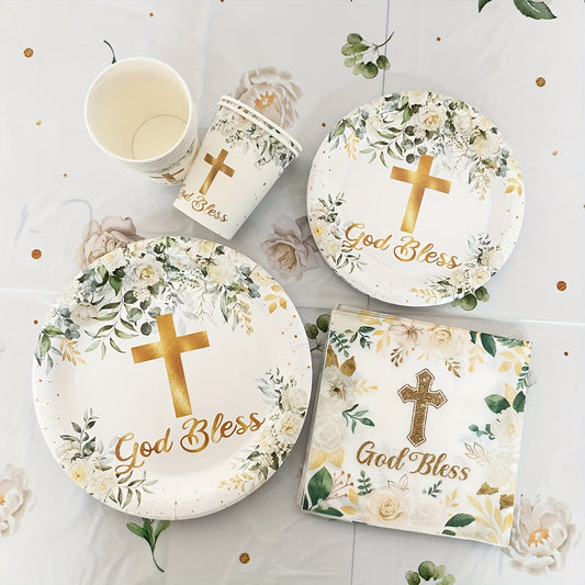 White Baptism Watercolor Leaf Theme Disposable Tableware Set - Includes 20 Pieces: 10 Paper Plates, 10 Paper Towels, 10 Paper Cups, and 1 Tablecloth - Perfect for Baptism Party Decor and Home Room Decor