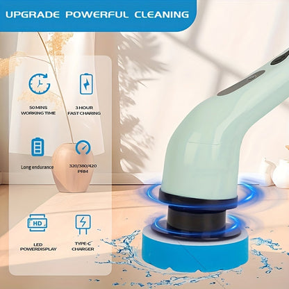 The Cordless Electric Rotating Washer comes with 9 replaceable brush heads and an adjustable extension handle. This 360-degree cordless cleaning brush is perfect for bathrooms, bathtubs, and tiles. Its powerful electric rotating floor washer makes