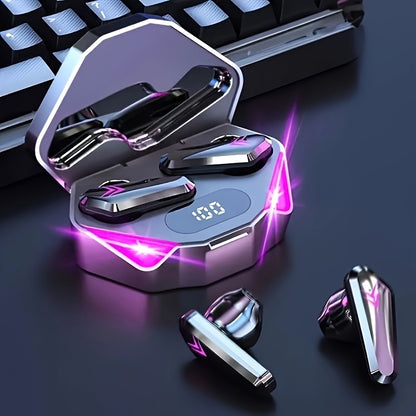 TWS gaming earbuds with LED lighting, low latency, noise cancellation, digital display, stereo sound. Ideal for gaming, calls, music. Comes with charging case, USB-C charging, portable