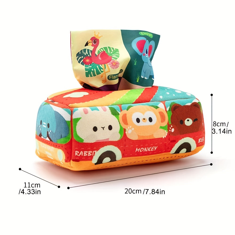 Animal School Bus Sensory Learning Toy Set - Includes Tissue Box, Educational Scarf, and Crinkle Paper. Made of Polyester in Mixed Colors by EDUVANKU