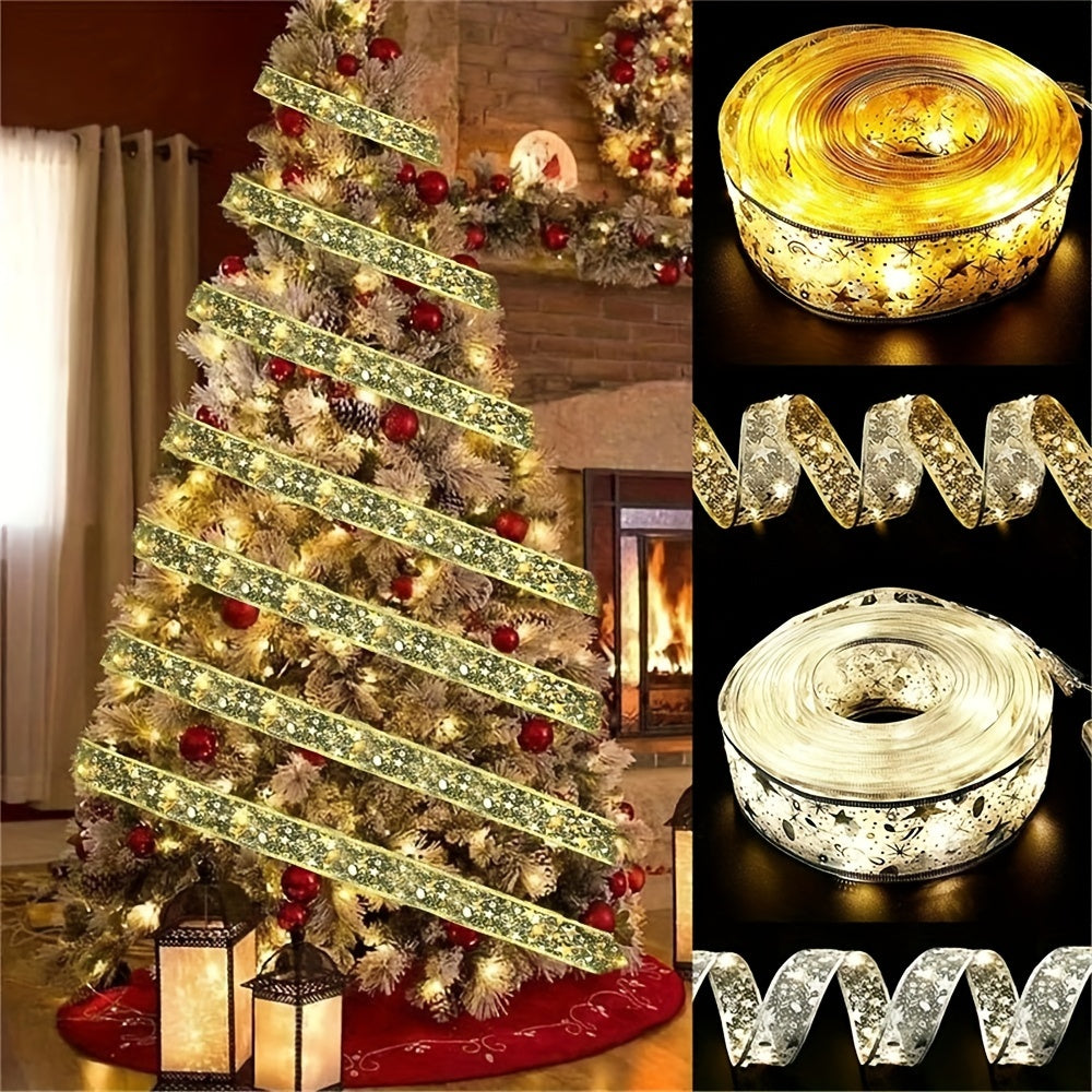 Choose from 2m/78.74" to 10m/393.7" lengths of battery-powered LED fairy lights with golden Christmas ribbons and bowknots for tree, home, and party decor, ideal for Halloween, Christmas, and weddings.