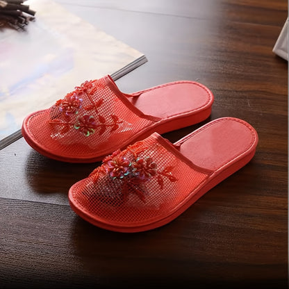 Women's Fashion Beaded Floral Slides - Lightweight Summer Indoor Shoes with Breathable Mesh, Almond Toe & EVA Sole