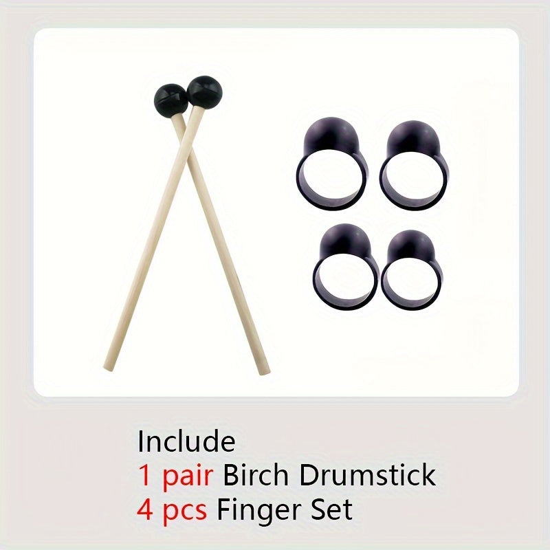 Ethereal drum accessory set includes 6-inch drum, 1 pair of Birchwood drumsticks, 4 finger covers, Lotus Steel Tongue Drum Mallets, and soft rubber head drumsticks.