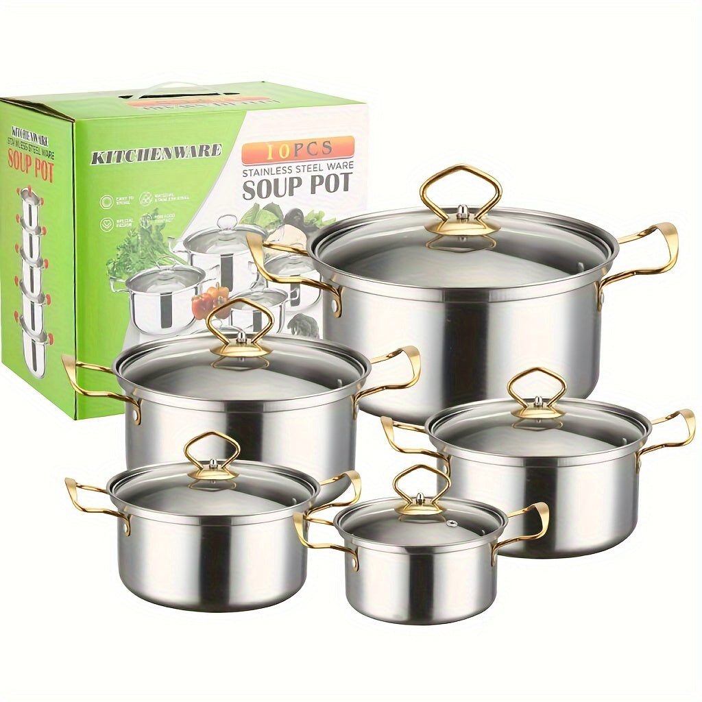 Durable 10-Piece Stainless Steel Cookware Set featuring Glass Lids and Double Handles in a Beautiful Golden Finish - Ideal for Home, Dorm, Camping, and Cooking Soups & Stews. This Kitchenware Set is Dishwasher Safe and compatible with all Stovetops.