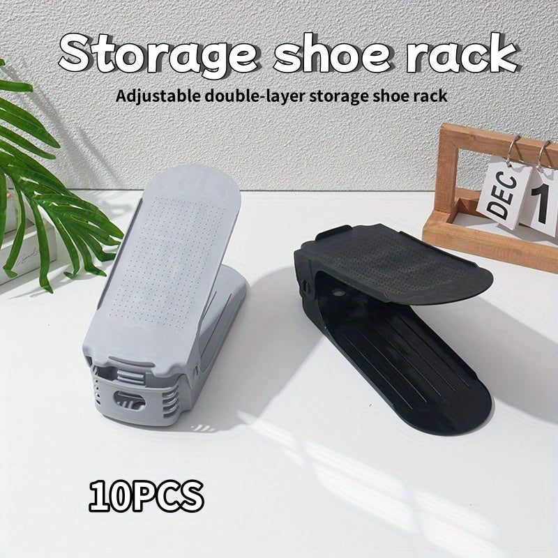 Space-saving double-layer shoe rack with adjustable and foldable design, suitable for flats, high heels, and sneakers. Perfect for dorms and home storage, available in gray/black. Ideal for storing flat shoes and sports shoes.