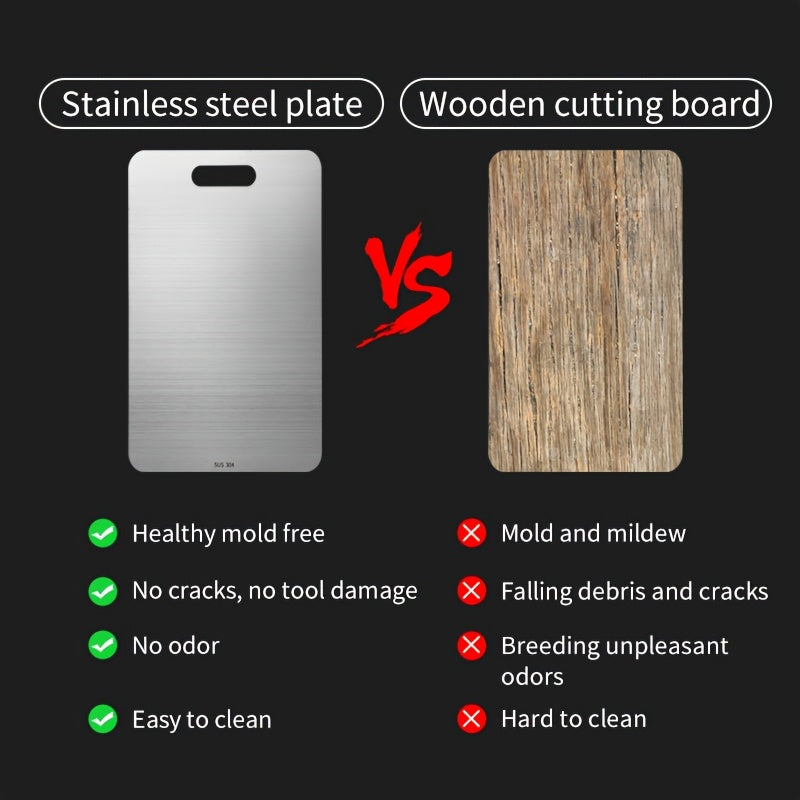 Durable Stainless Steel Cutting Board, with double-sided design, measuring 22.99 x 34.04 cm. This metal cutting board is food-safe, easy to clean, and suitable for cutting meat, vegetables, and fruits.