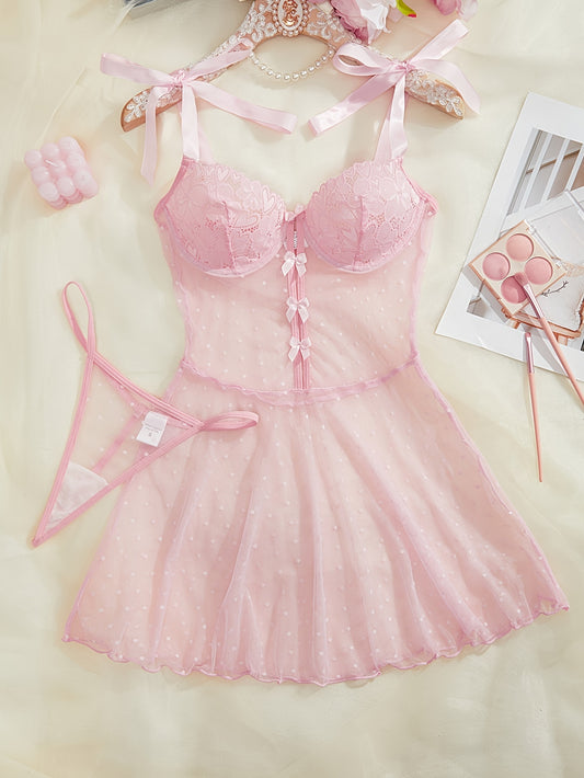 Sensual lingerie set with sheer polka dot nightgown, lace accents, and ribbon details.