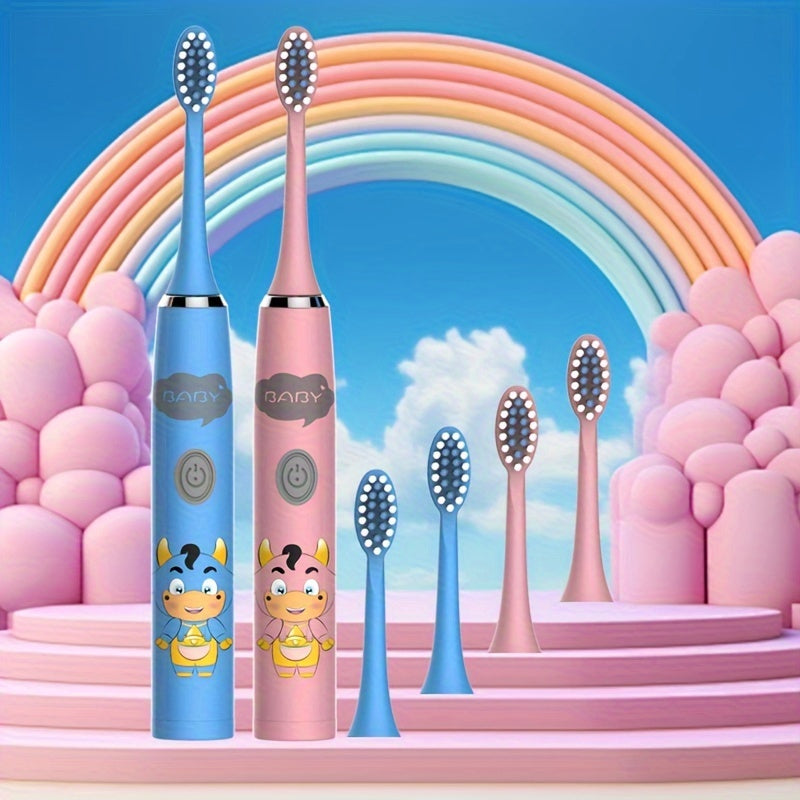 2 Electric Toothbrushes with battery-powered cartoon style and replaceable ultra-soft bristles. Includes 2-12 brush heads and a 2-minute smart timer for effective dental plaque cleaning