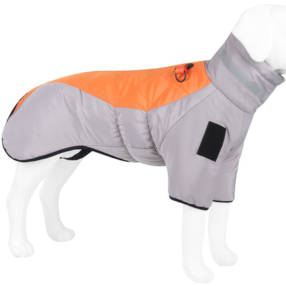 Waterproof winter dog jacket with warm, reflective material and D-ring for medium breeds.