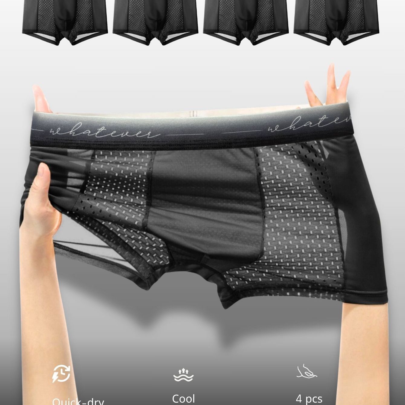 4 mens boxer briefs with breathable mesh panel, solid color, knit fabric, medium stretch, 93% polyester 7% spandex, comfortable cool design with letter print waistband.