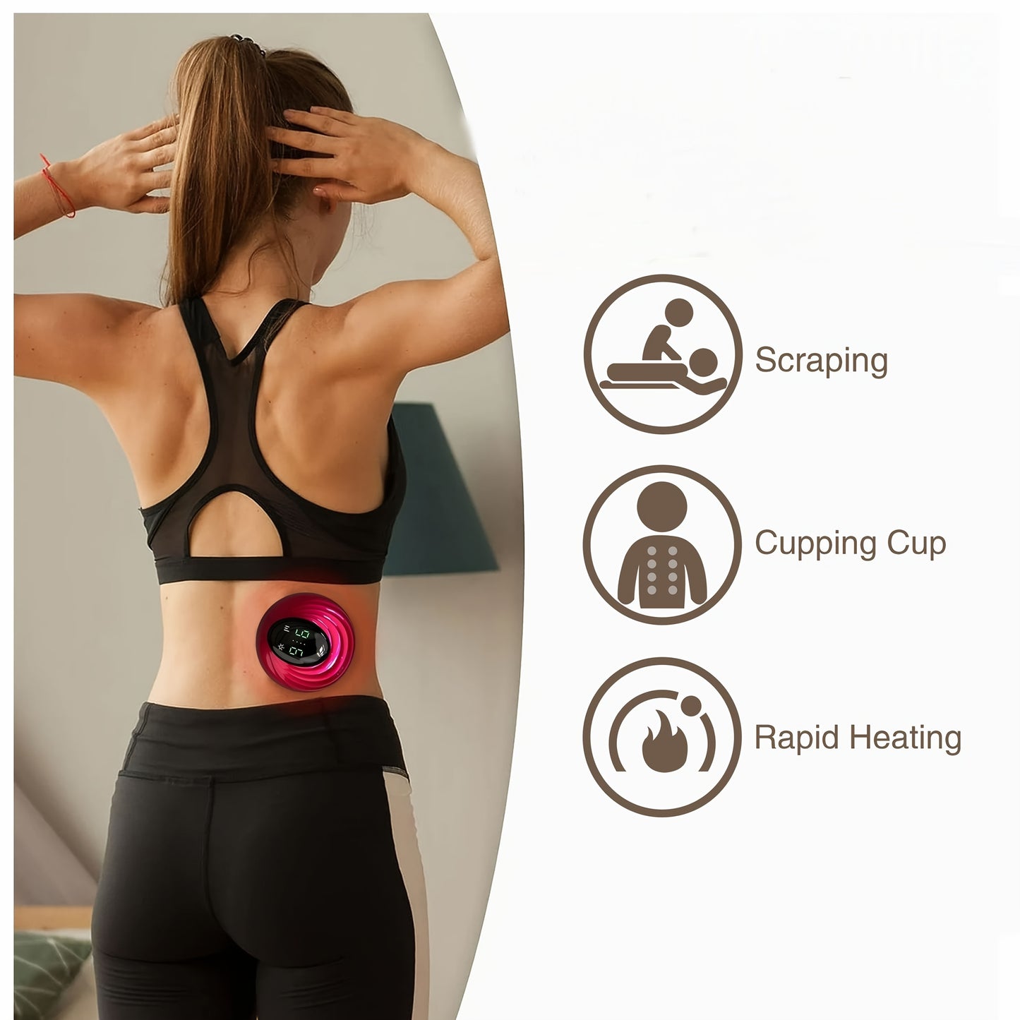 Rechargeable electric cupping massager with heat for muscle relaxation and recovery. Portable and USB-powered.