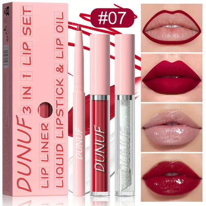 3-piece lip set with durable, waterproof, and sweat resistant formulas that are easy to apply and long-lasting. Includes lip gloss, lip liner, and lip glaze for a matte finish.