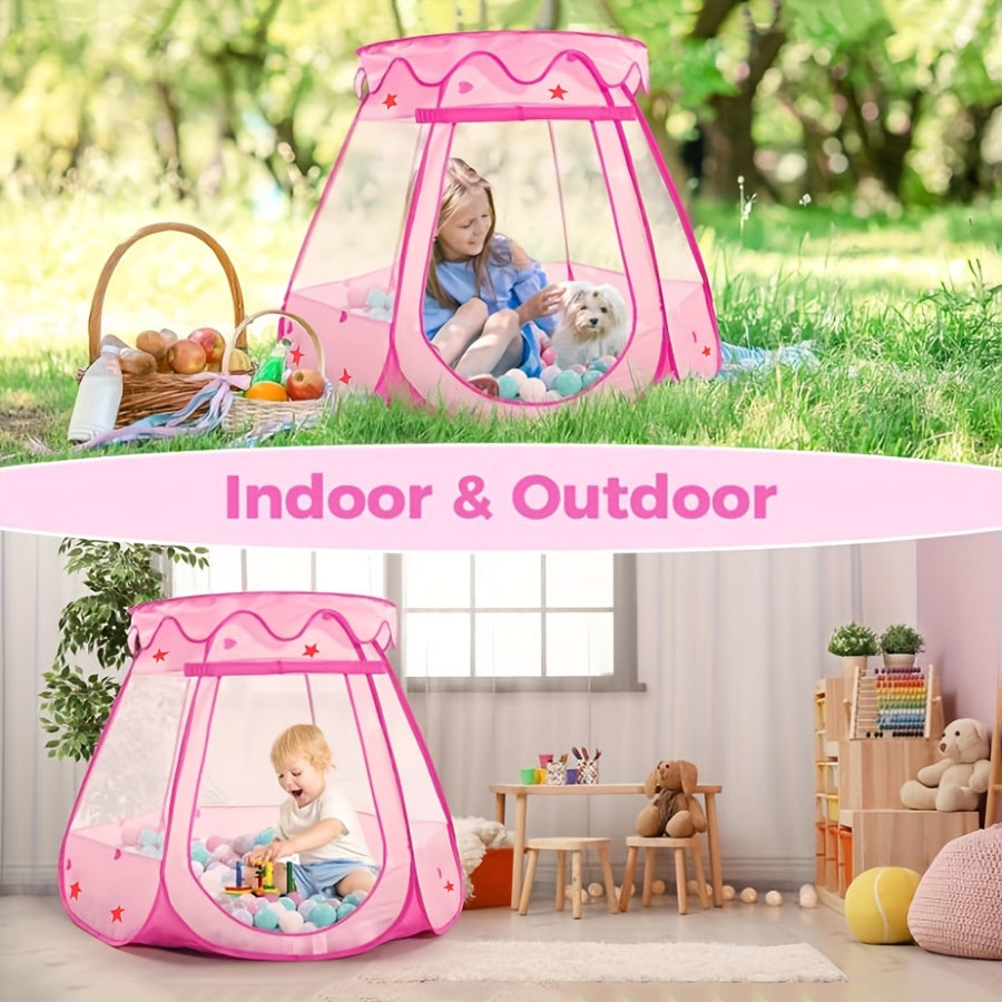 Children's pop-up play tent with star lights, pink princess ball pit for toddlers, indoor and outdoor playhouse, removable roof, steel frame, polyester fabric, includes storage bag