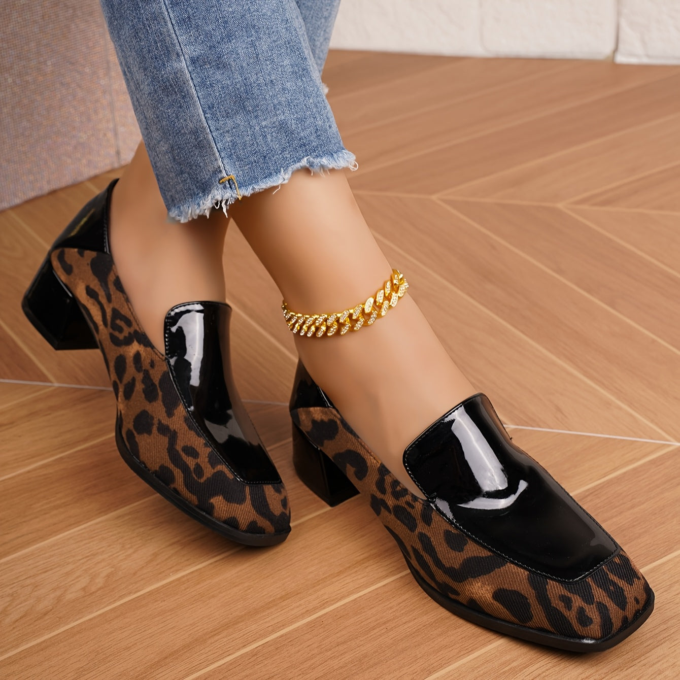 Stylish square toe loafers for women with chunky heel, versatile design, faux and fabric upper, synthetic lining, and TPU sole.