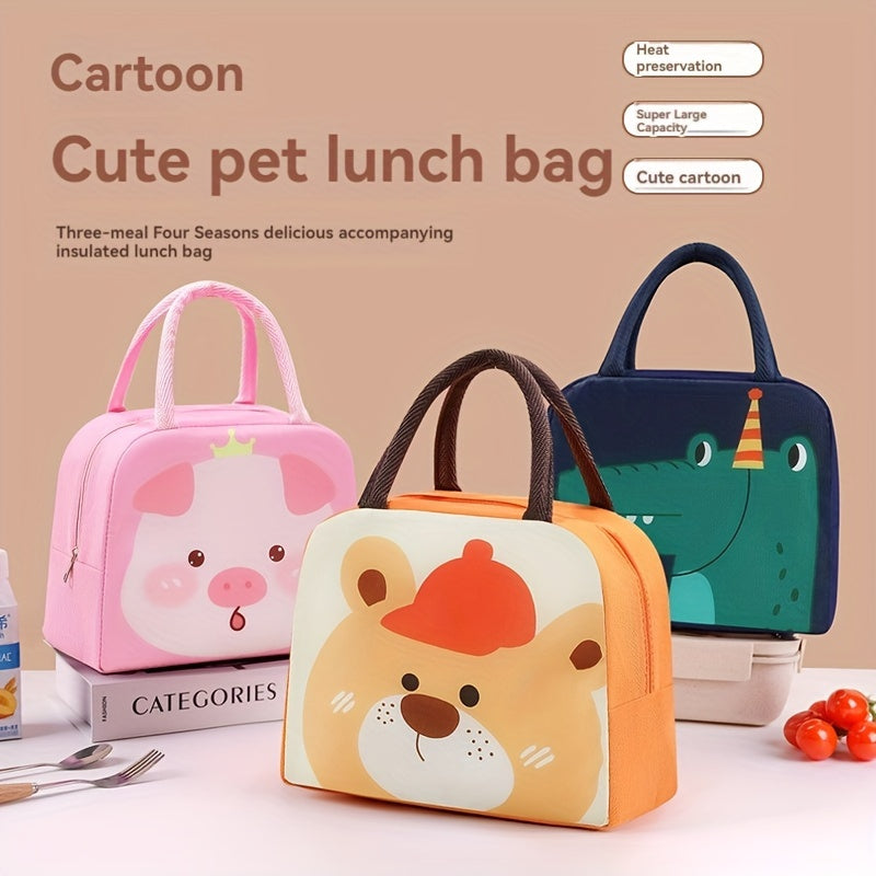 Insulated Lunch Bag with Cute Cartoon Theme - Made with Durable Thick Aluminum Foil to Keep Food Fresh, Featuring Adorable Pig, Bear & Dinosaur Designs - Waterproof, Hand Washable, and Made with Oxford Fabric in Mixed Colors - Perfect Lunch Box